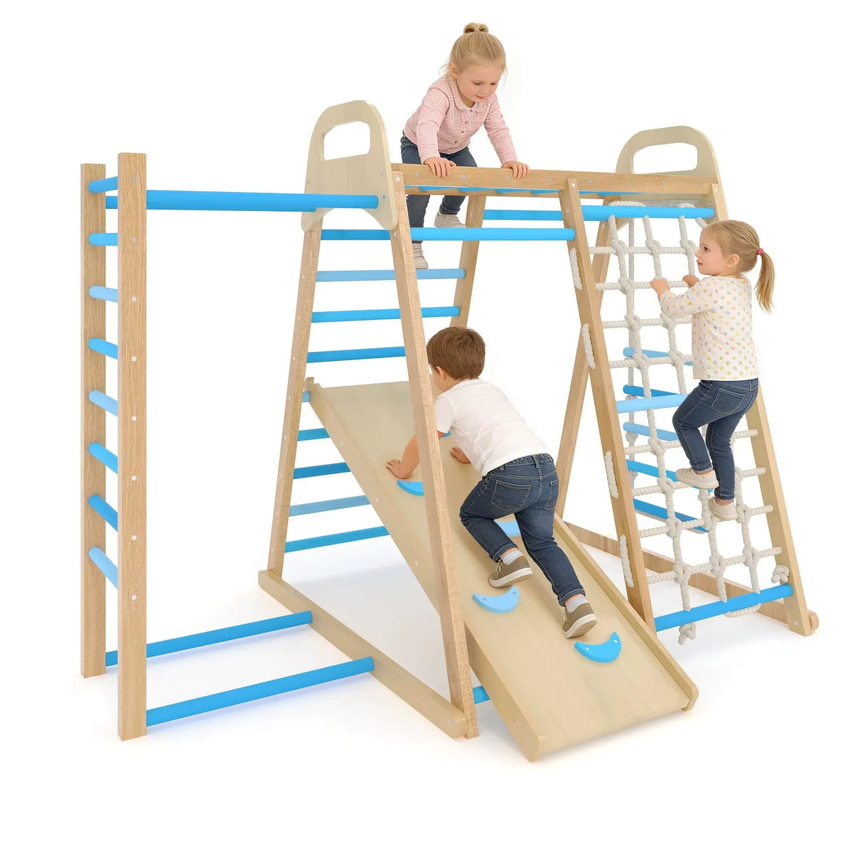 7-in-1 Wooden Climbing Triangle with Slide, Arch & Ramp