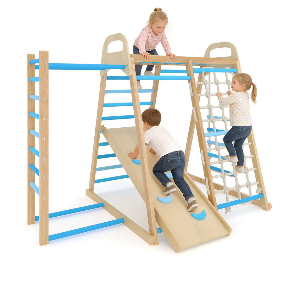 7-in-1 Wooden Climbing Triangle with Slide, Arch & Ramp