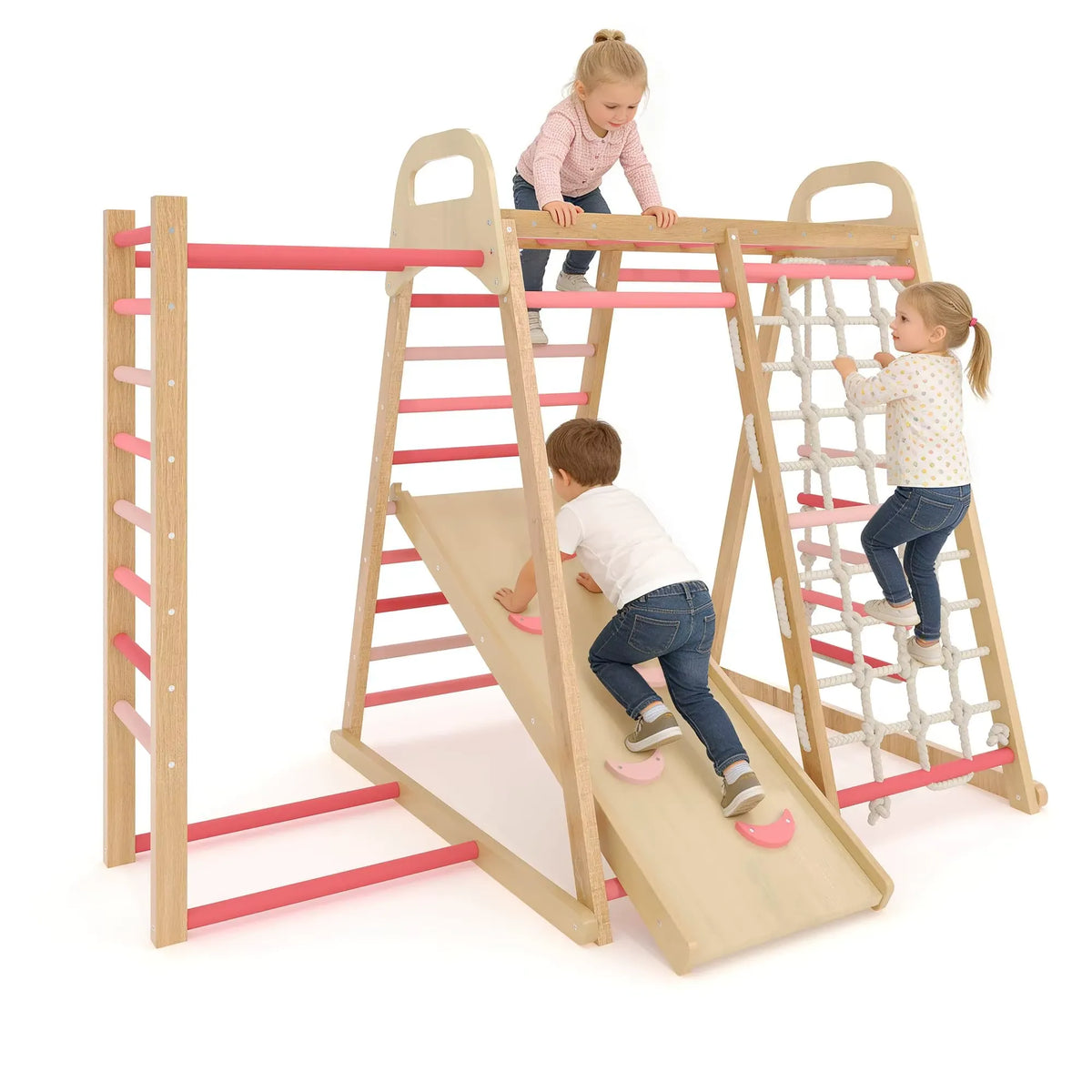 7-in-1 Wooden Climbing Triangle with Slide, Arch & Ramp