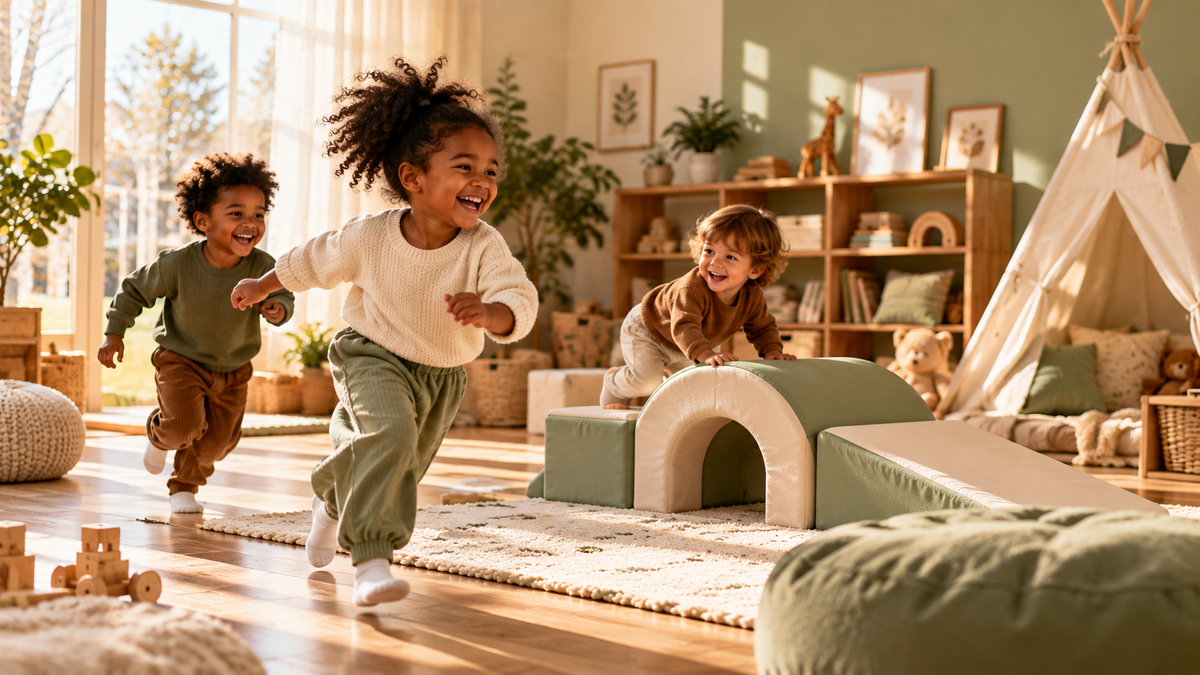 Children playing together in a warm, light-filled playroom