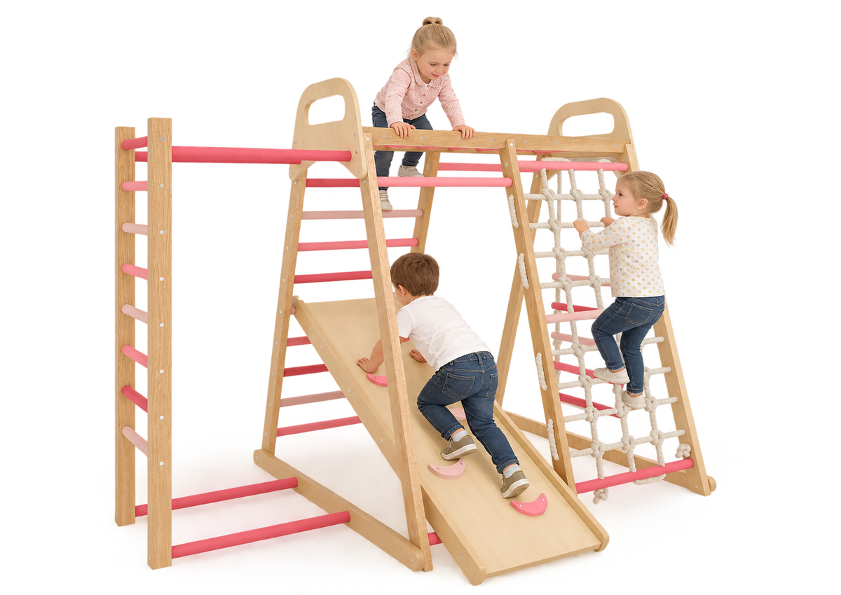 Children playing on a wooden climbing structure in a bright playroom